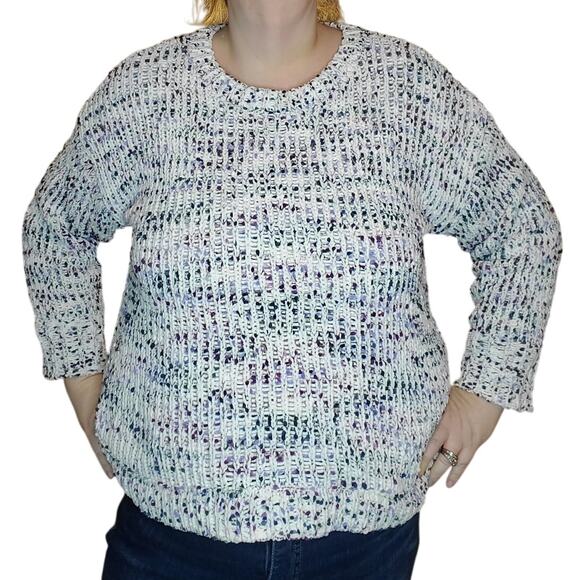 Cable & Gauge Size 1X Plus White Chunky Open Knit Sweater with Confetti Colors - Picture 1 of 8
